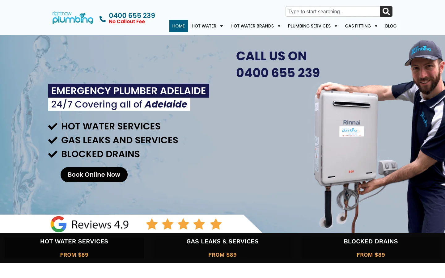 Right Now Plumbing Adelaide website homepage