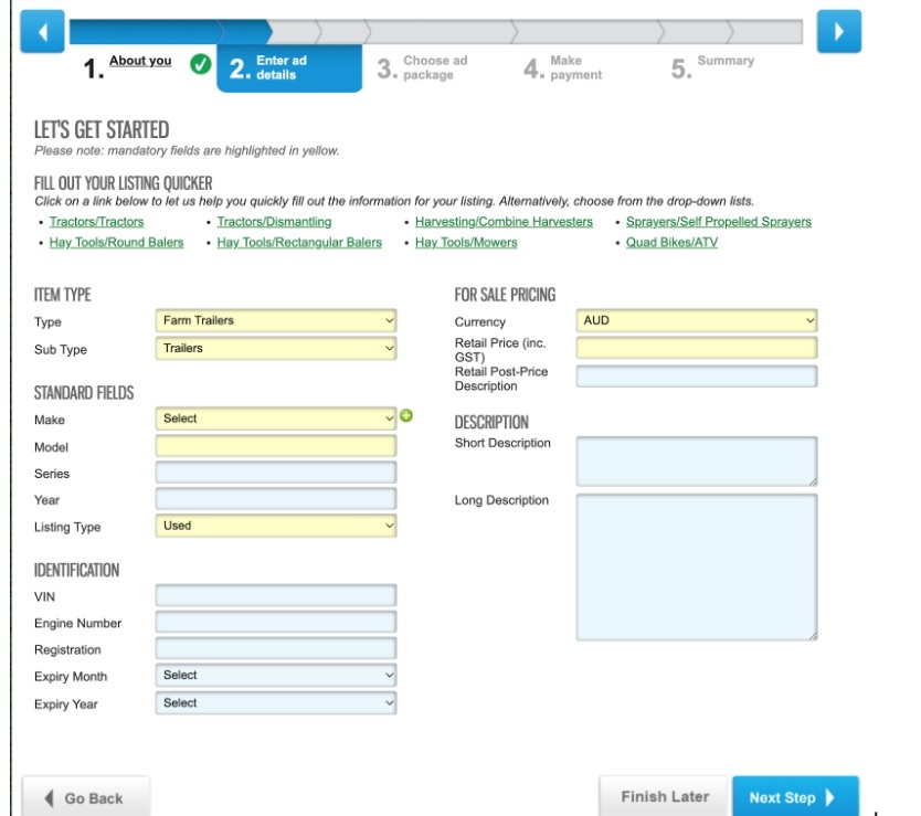 Create listing Tradefarmmachinery